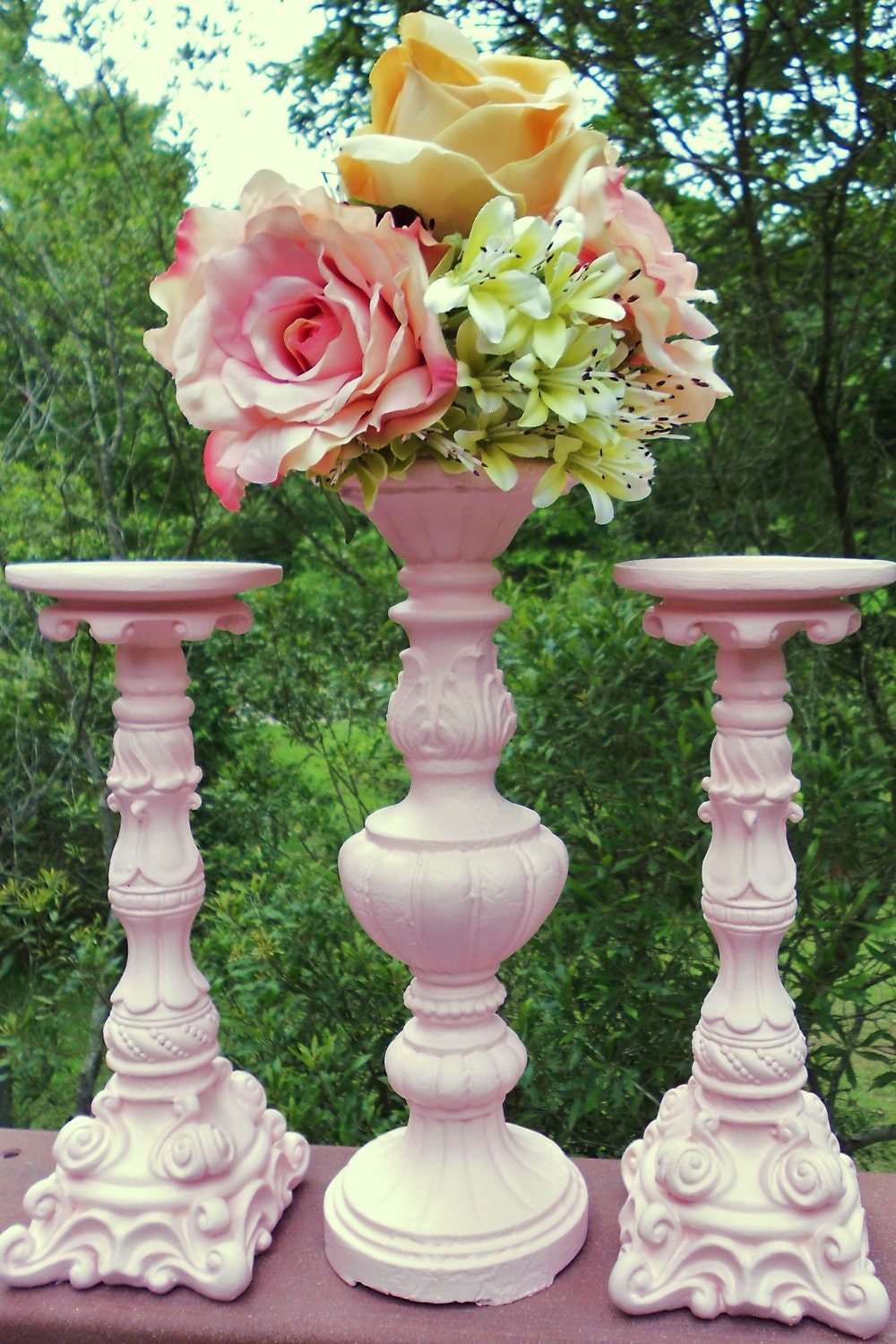 Three in Sweet Pink-11.5" and 10" pillar candle holders