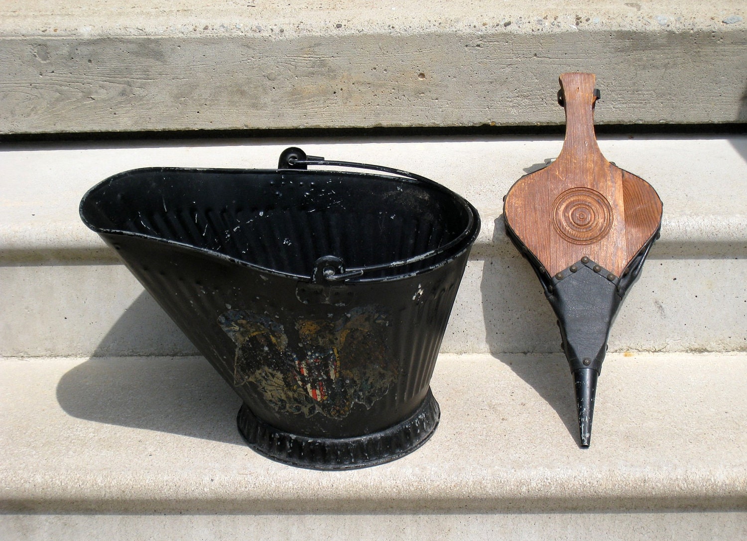 Wooden Fireplace Bellows and Coal Bucket - Antique Americana - Ships Free