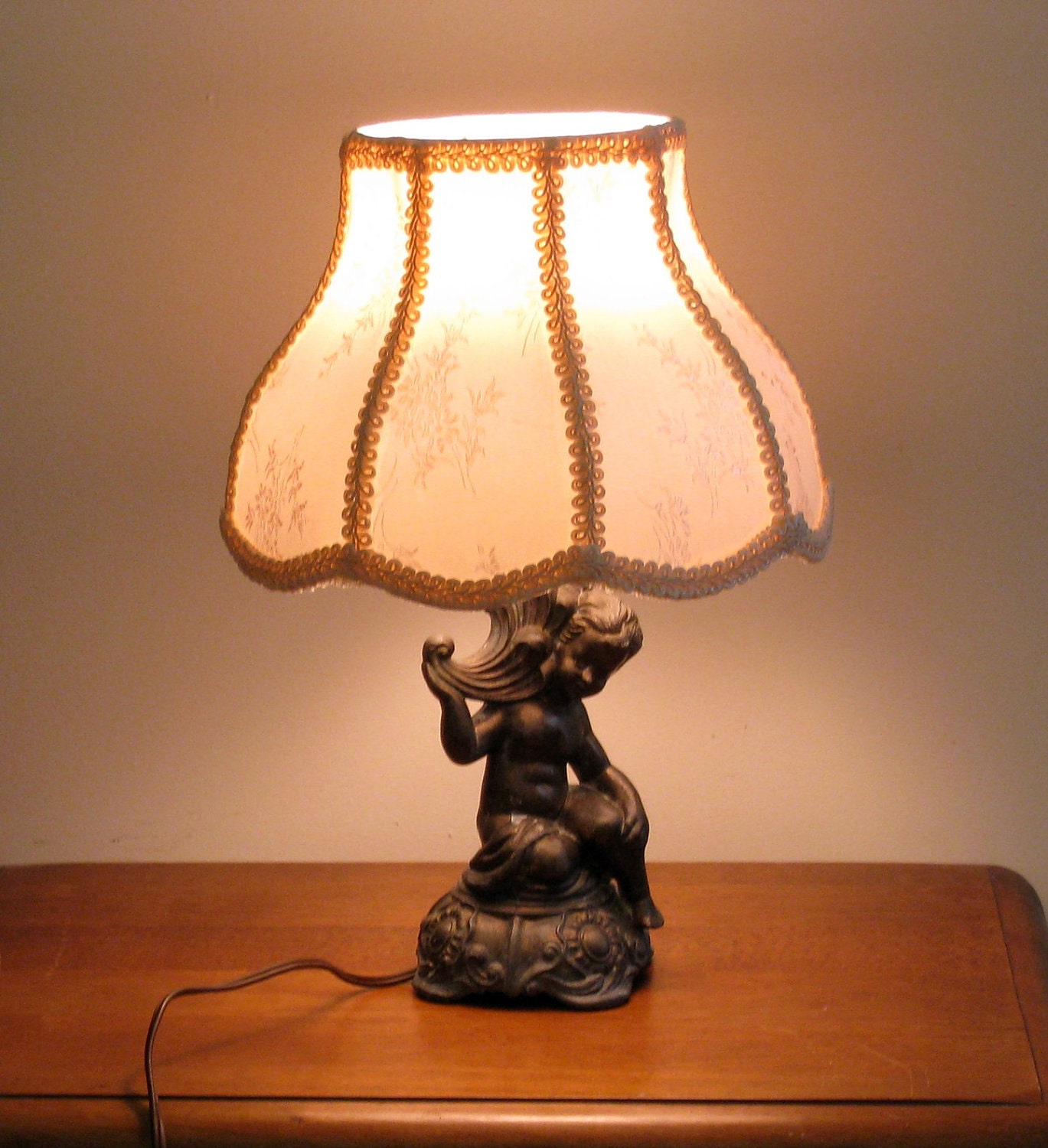 Cast Bronze Cherub Table Lamp with Floral Cloth Paneled Shade / Vintage