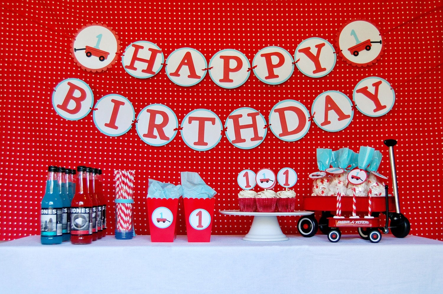 Modern Little Red Wagon First Birthday Party Package