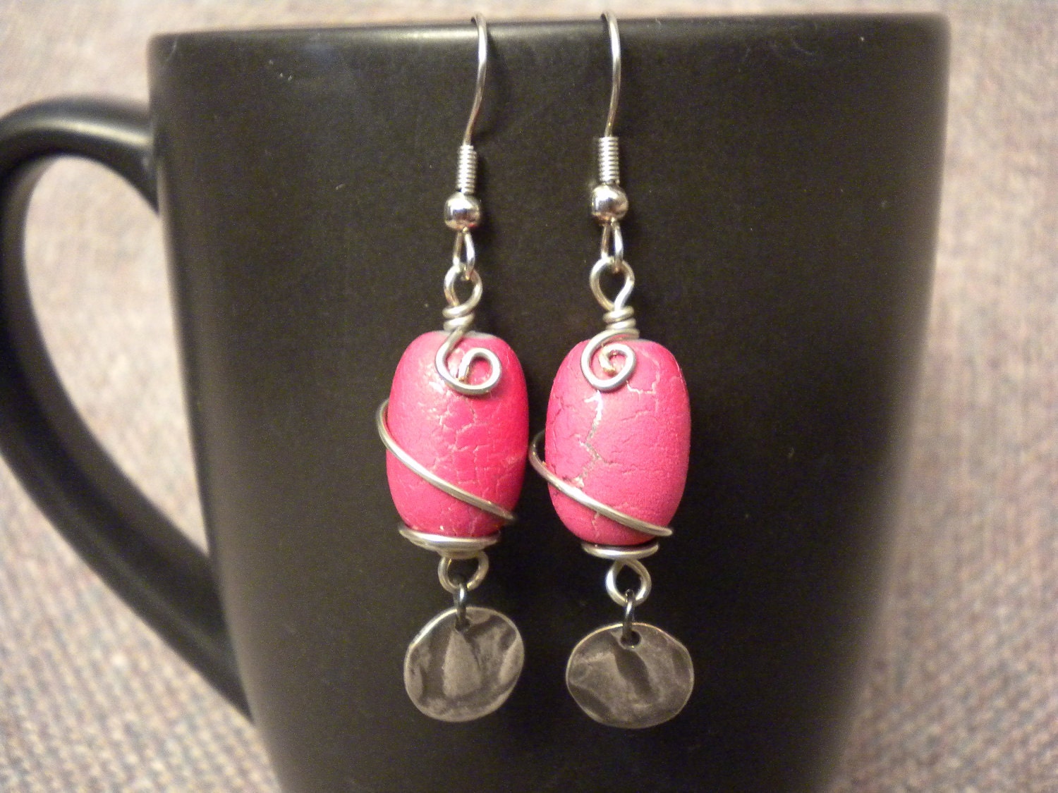 Dangle Antique Silver Fishhook Earrings with Fuscia Wire Wrapped Bead and Silver Hammered Disc Drop