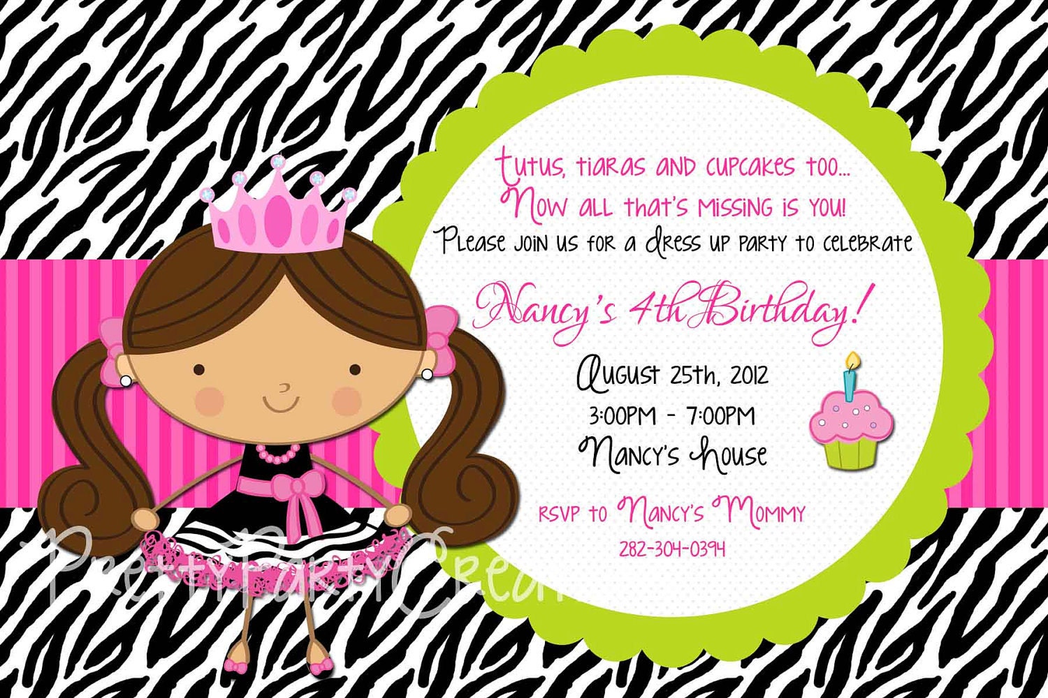 Zebra print TUTUs and TIARAs dress up birthday invitation - YOU print - 5 to choose