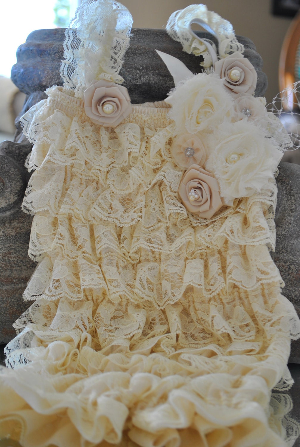 Lace Petti Baby Romper, Ivory with Flowers and Rosette Embellishments, Baby Rompers