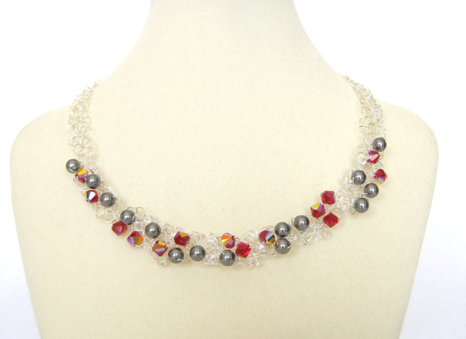Red Swarovski Crystal and Grey Pearl Beaded Wire Necklace