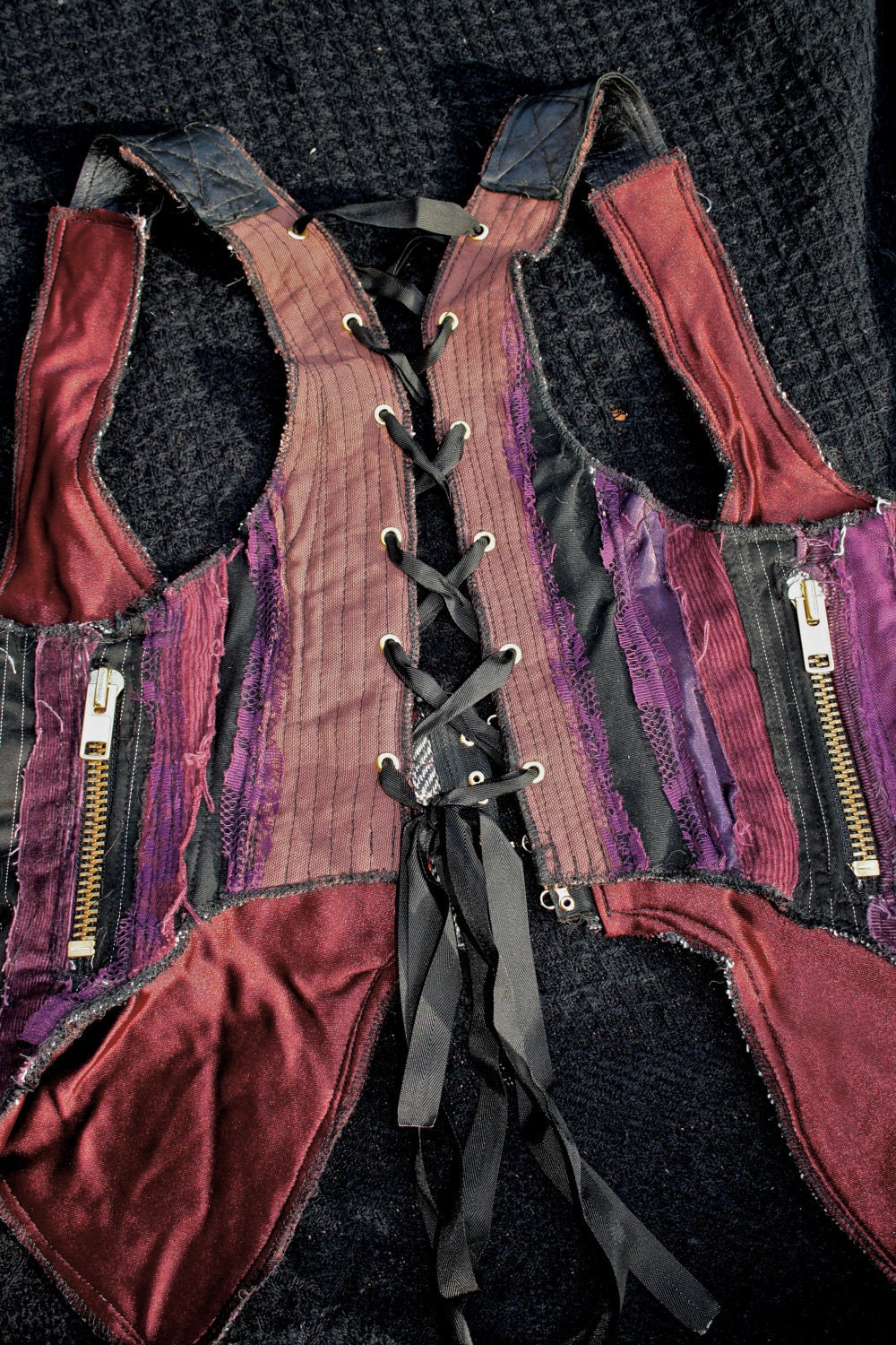 Patchwork Purple and Black Holster Vest with Leather Straps & Corset Back