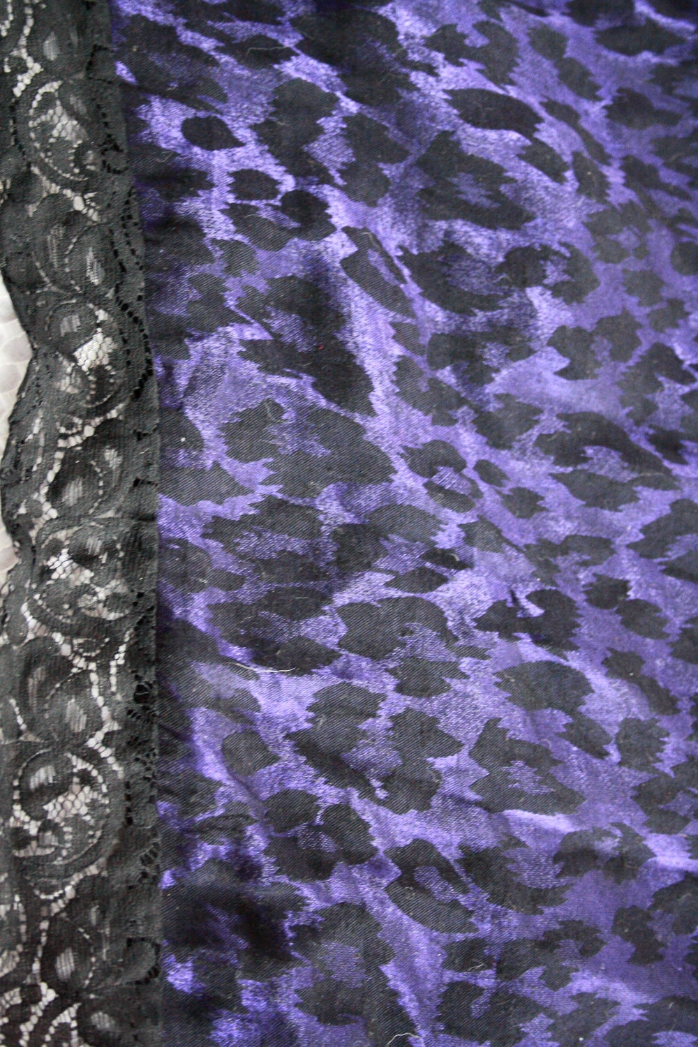 Asymmetrical Metallic Violet Purple & Black Leopard Print Scarf/Shawl with Black Lace Trim
