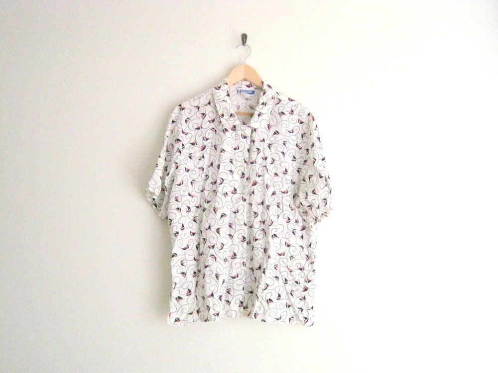 vintage 90s shirt / white button down shirt with sailboat print / nautical oversized shirt