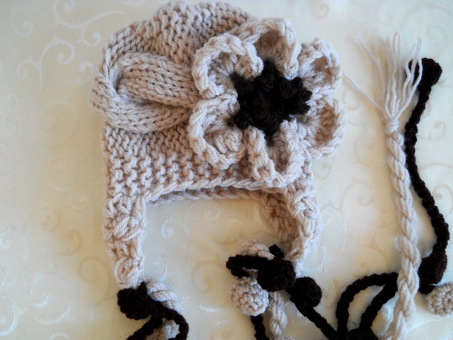 Baby Girl Hat With Flower - Hand Knitted Baby Hat Oatmeal
