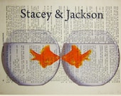 Original Illustration Digital Print Mixed Media  Art Poster Acrylic Painting Holiday Decor Drawing:Your name with two kissing gold fishes