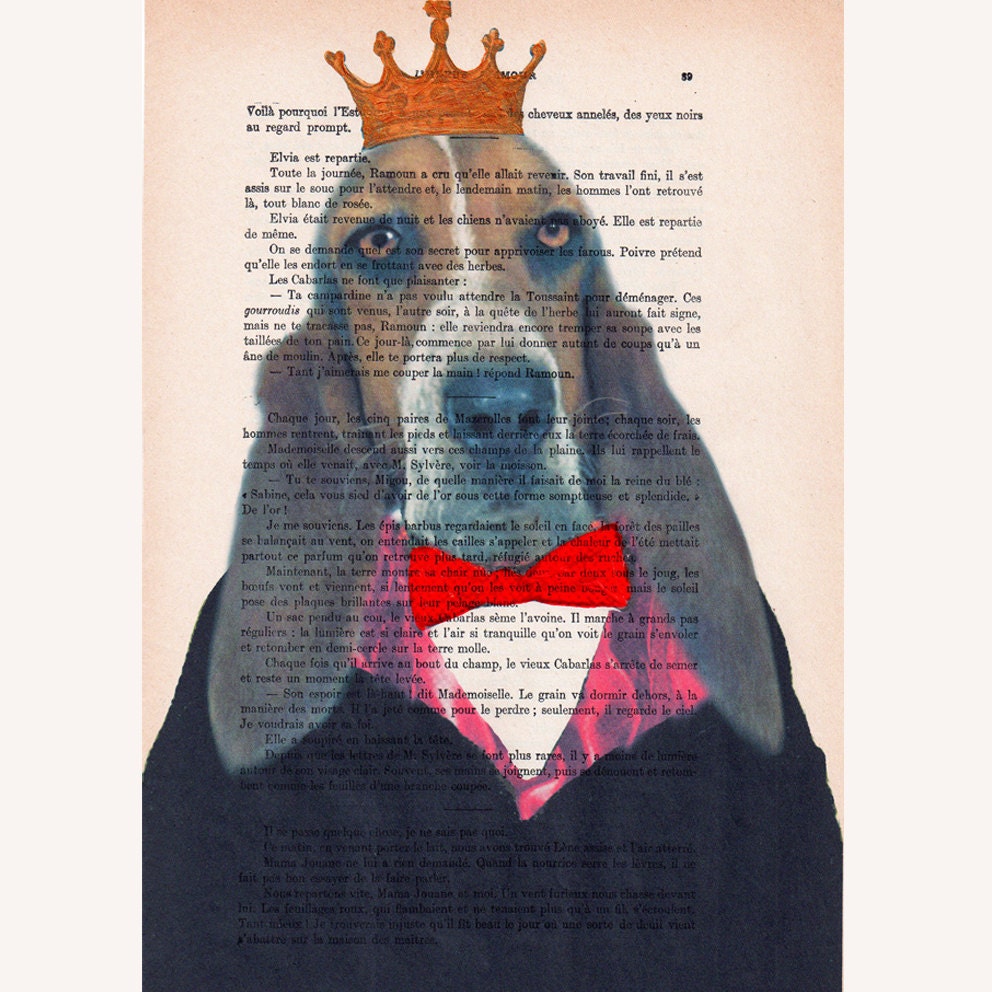 The Original Basset Hound King  - ORIGINAL ARTWORK Hand Painted Mixed Media on 1920 famous Parisien Magazine 'La Petit Illustration'
