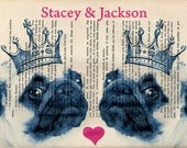 Your names with 2 pugs in love- ORIGINAL personalized ARTWORK Mixed Media, Hand Painted  on 1920 Magazine 'La Petit Illustration'
