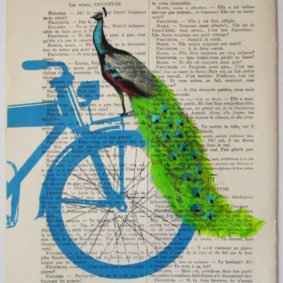 Peacock on blue bicycle - ORIGINAL ARTWORK Mixed Media, Hand Painted on 1920 Parisien Magazine 'La Petit Illustration' by Coco De Paris