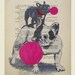 2 French bulldogs with bubblegum -ORIGINAL ARTWORK Hand Painted Mixed Media on 1920 Parisien Magazine 'La Petit Illustration'