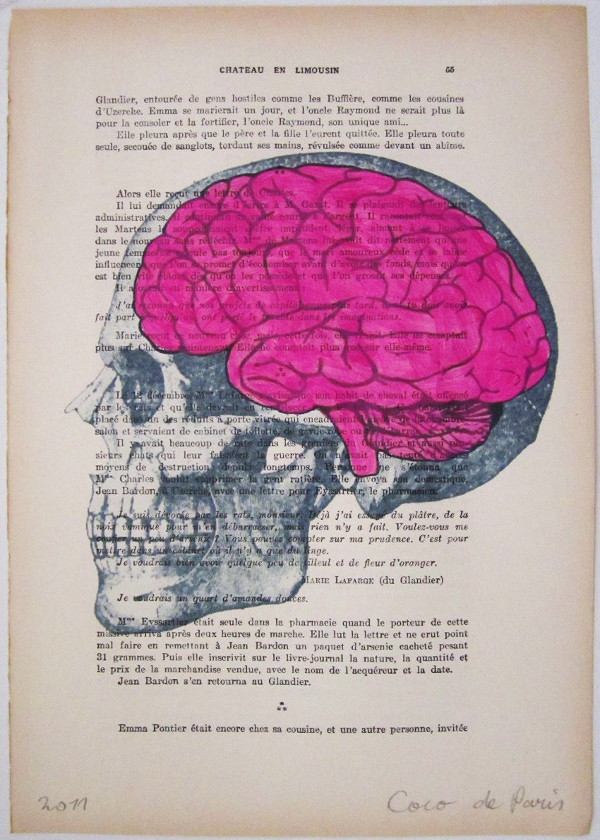 Pink brains- ORIGINAL ARTWORK Hand Painted Mixed Media on 1920 famous Parisien Magazine 'La Petit Illustration' xyz