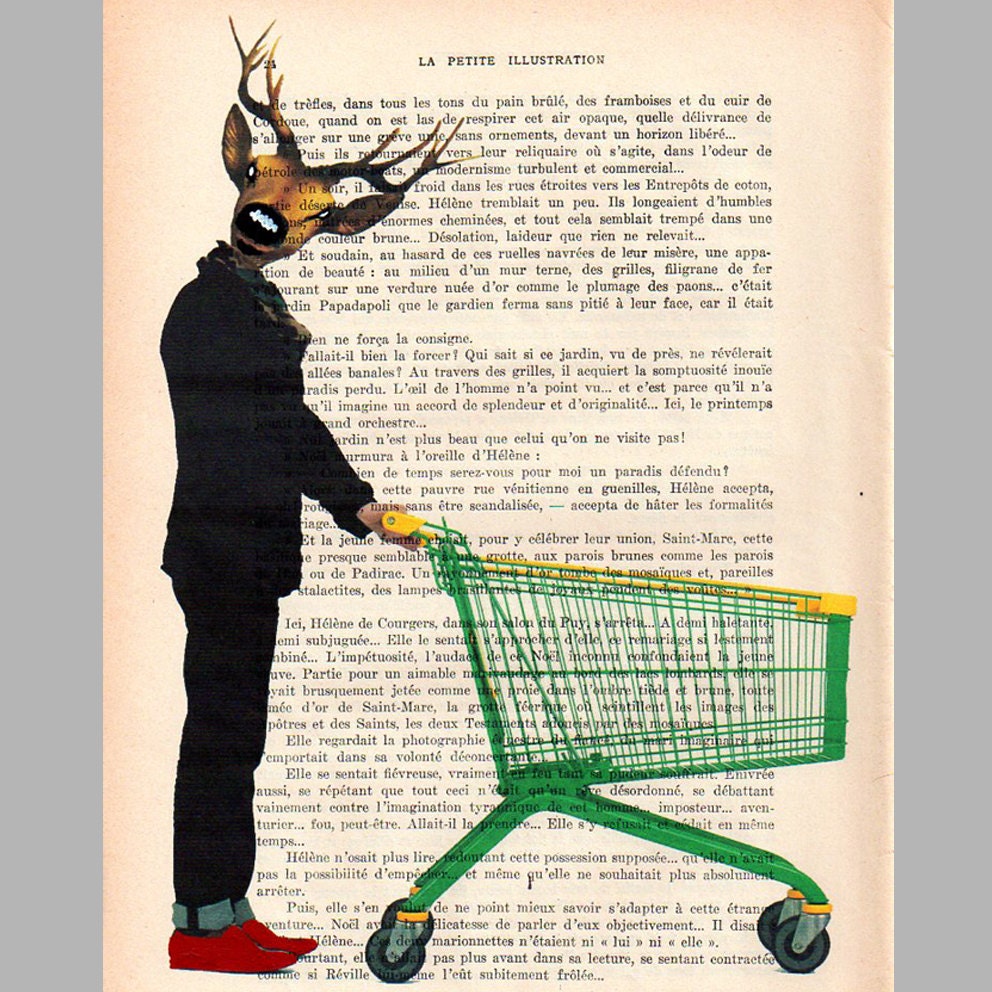 Supermarket deer - Original Illustration-Art Print-Art Poster- Hand Painting Mixed Media- French 1920 Vintage Paper