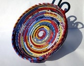 Shallow Coiled Fabric Bowl Basket - Large - Country Farmhouse Red, Yellow, and Blue