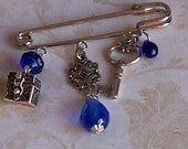 Blue Kilt Pin Brooch Secret Treasure Box with Key, Reclaimed Vintage beads
