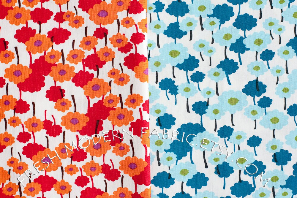 Half Yard Bundle Poppies in Orchid and Aqua, 100% Organic Cotton, Pick a Bunch by Nancy Mims for Mod Green Pod, Robert Kaufman Fabrics