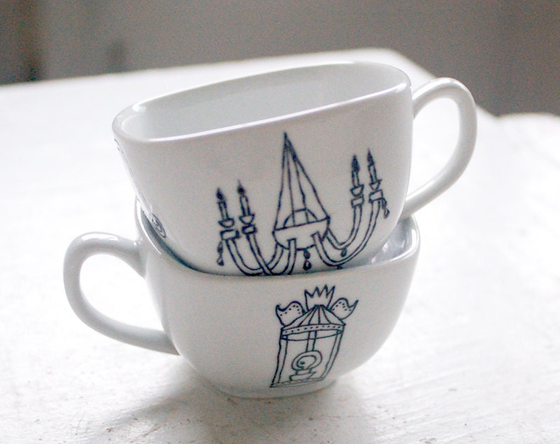 pair of new orleans light fixture tea cups - black and white porcelain mug - hand drawn illustration set of two (2)