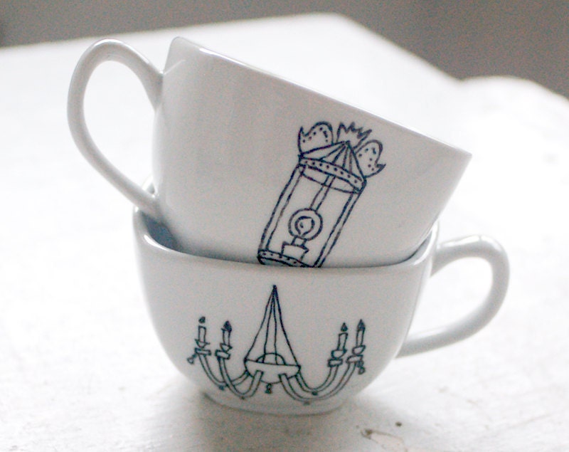 pair of new orleans light fixture tea cups - black and white porcelain mug - hand drawn illustration set of two (2)