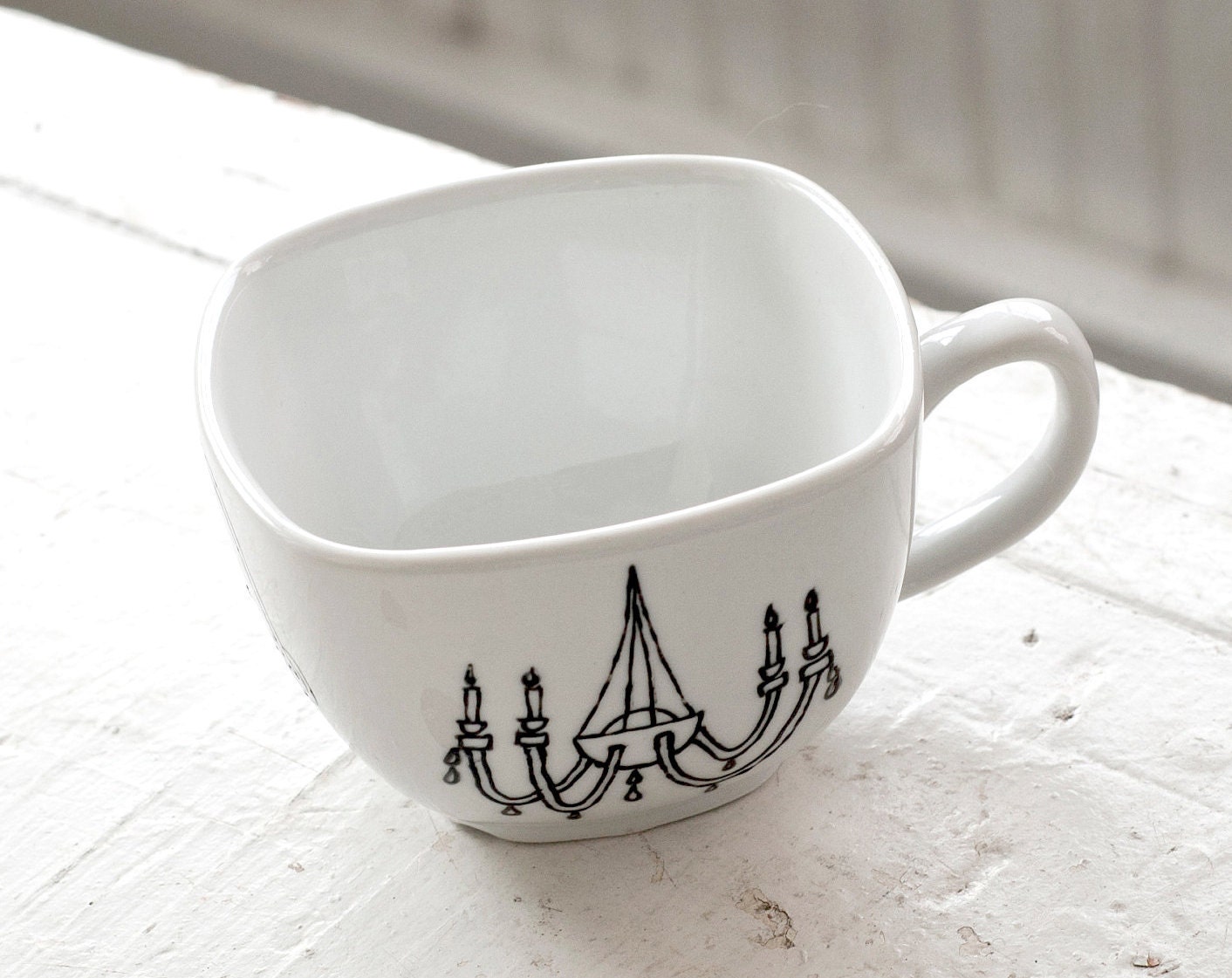 new orleans light fixture tea cup - black and white porcelain mug - hand drawn illustration