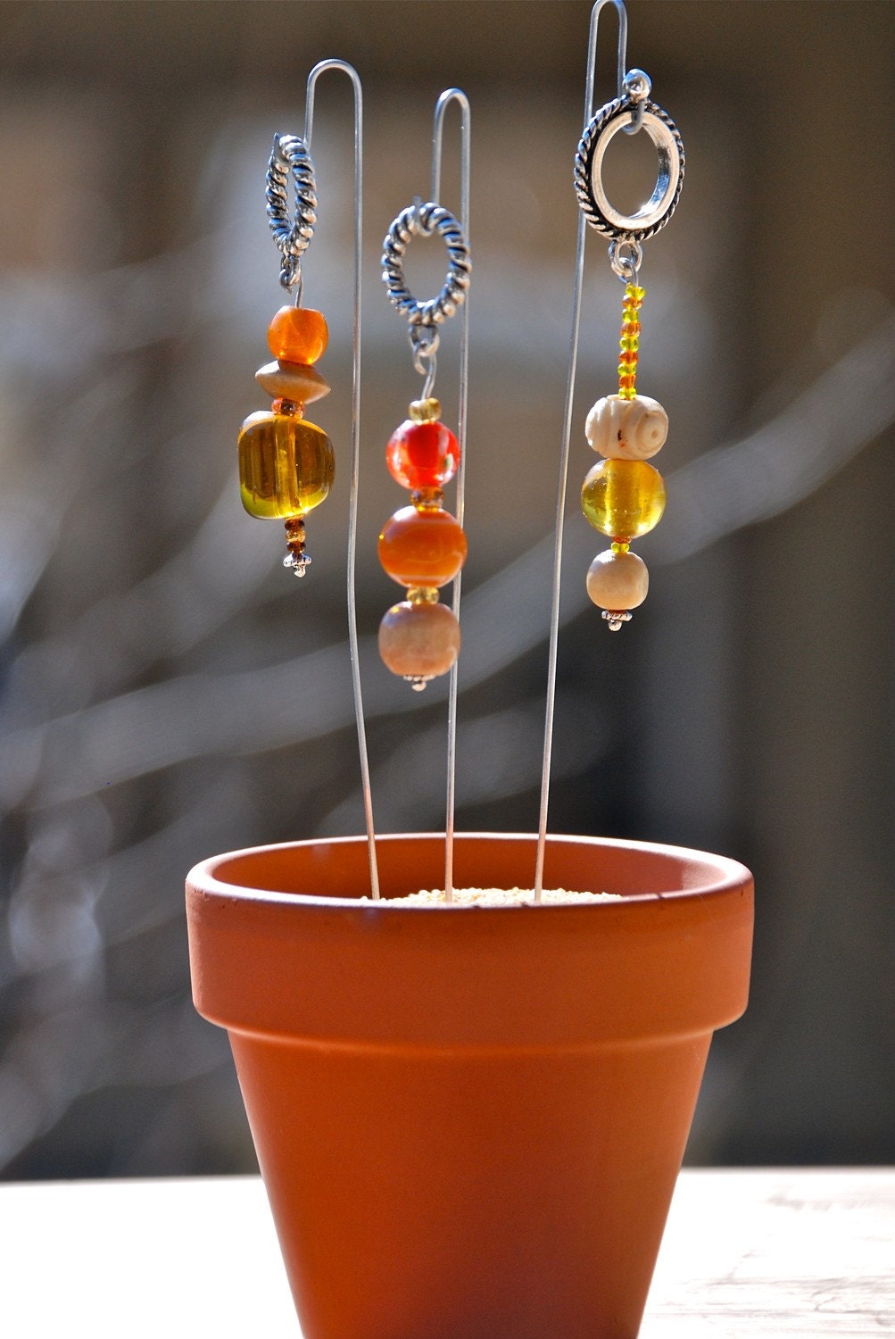 Orange You Glad, Orange And Yellow Glass With Light Wooden Bead Knitting Stitch Markers