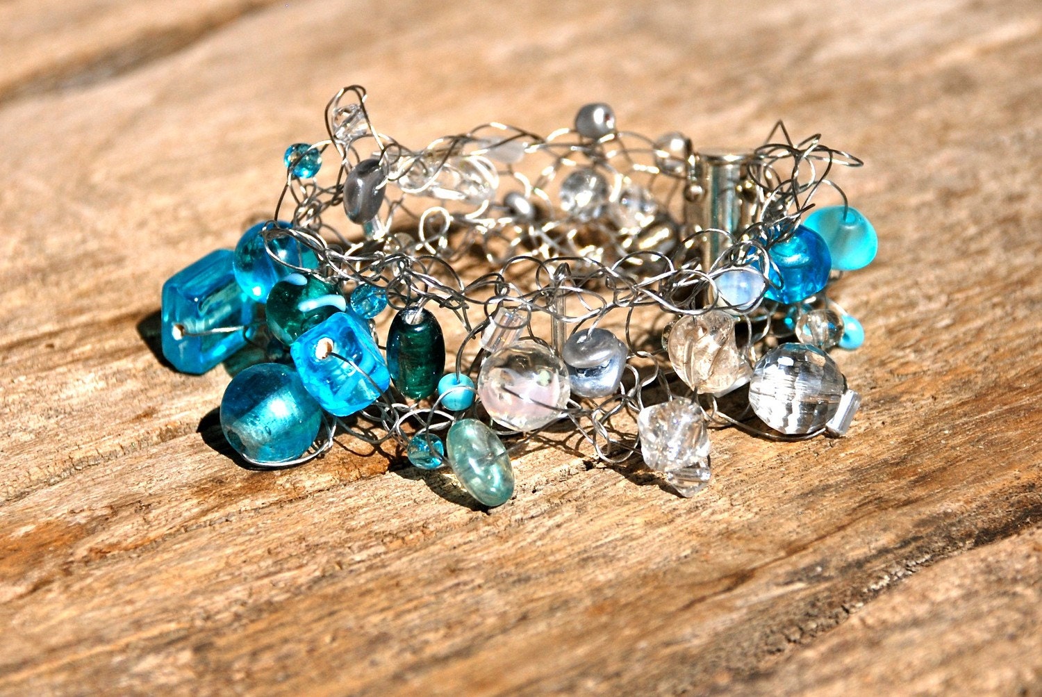 Cool Blue, Knitted Silver Wire and Aqua Blue Glass Bead Bracelet