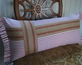 Red Ticking Lumbar Pillow with Ruffled Edges Accented with Upholstery Jute Webbing