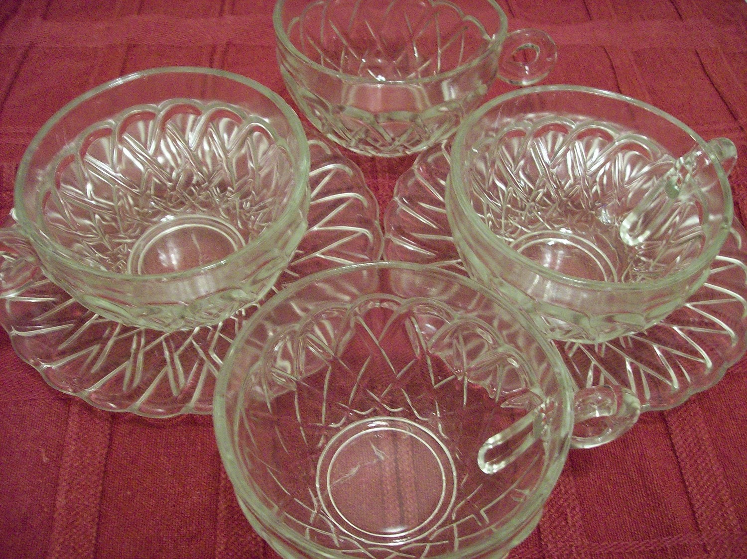 tea cup and saucer set clear glass Pretzel ware by auntdoilies
