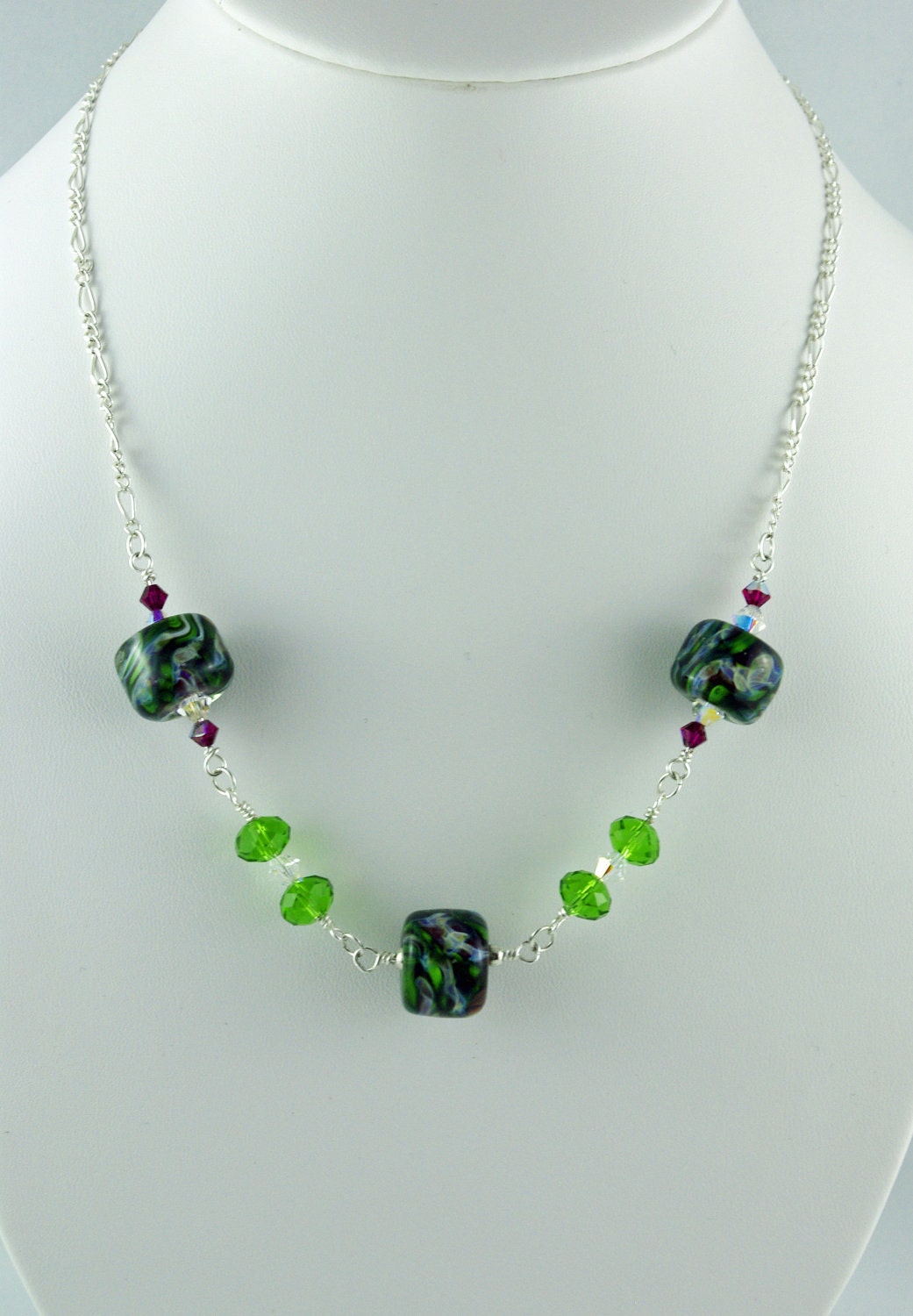 SALE - Tea Party in the Rain Lampwork Forest Necklace by Michelle Green Czech Glass Swarovski
