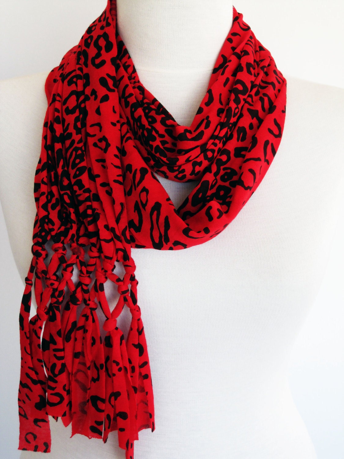 Red Leopard Cotton Fringed Scarf, Women Fashion, Gift, Headband, Cowl
