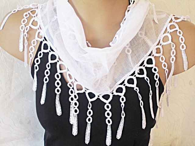 Snow White Cotton Organic Scarf With Fringed Lace, Wedding, Gift