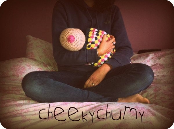 SALE. Fun crocheted boobie beanie, breastfeeding hat. Baby size. Baby shower gift.