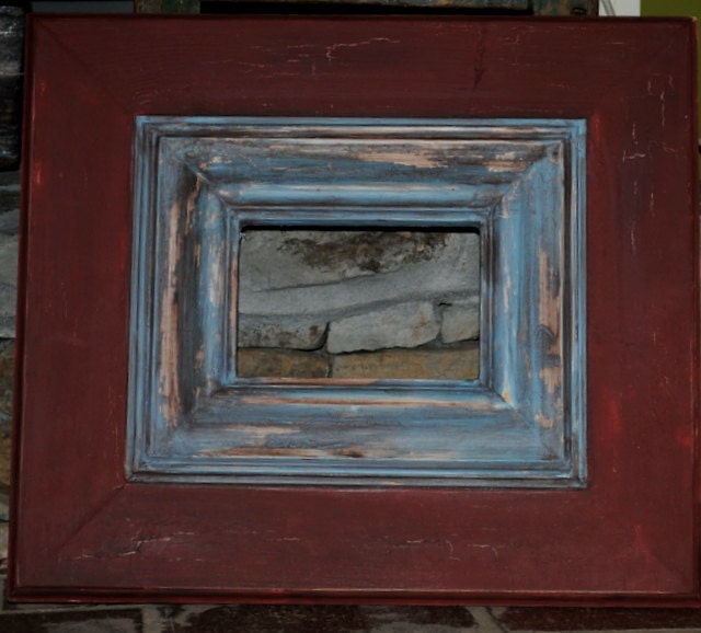 distressed vintage picture frame..4x6 inch frame opening....Crusty Peeling Paint...red with baby blue trim...home decor