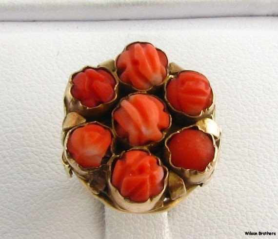 14k Yellow Gold Victorian Carved Coral Cocktail Ring c. 1800s