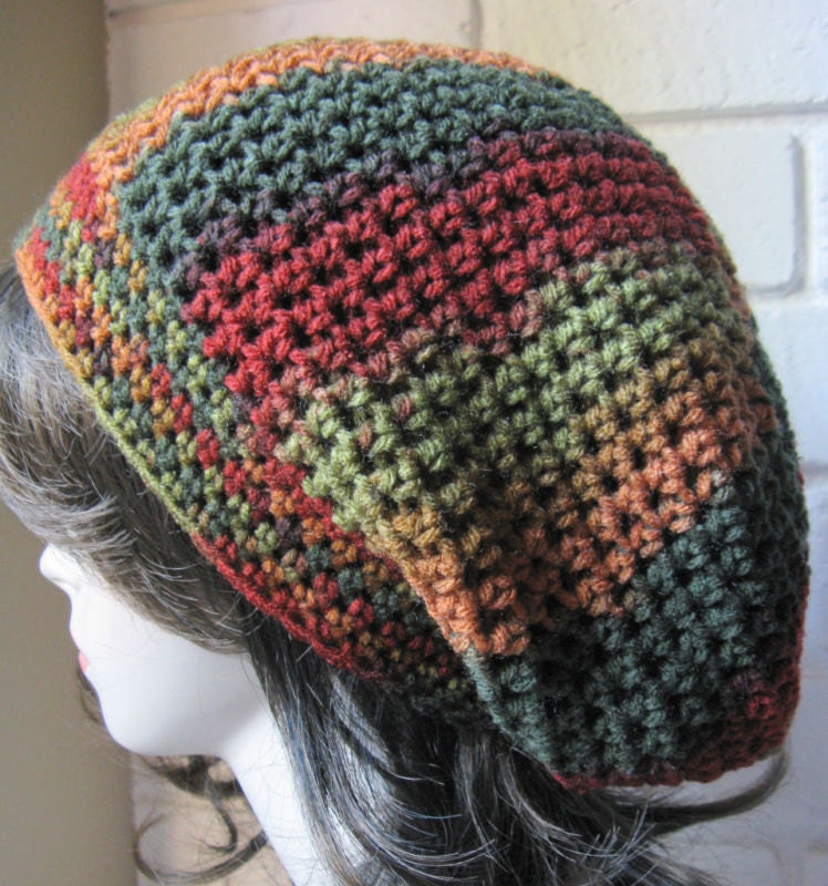 Red Orange Green Fall Hand Croche Hat Rasta Beanie Slouchy Hippie