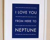 Neptune Outer Space Poster, I Love You From Here To NEPTUNE, 8x10, Choose Your Color, Unframed