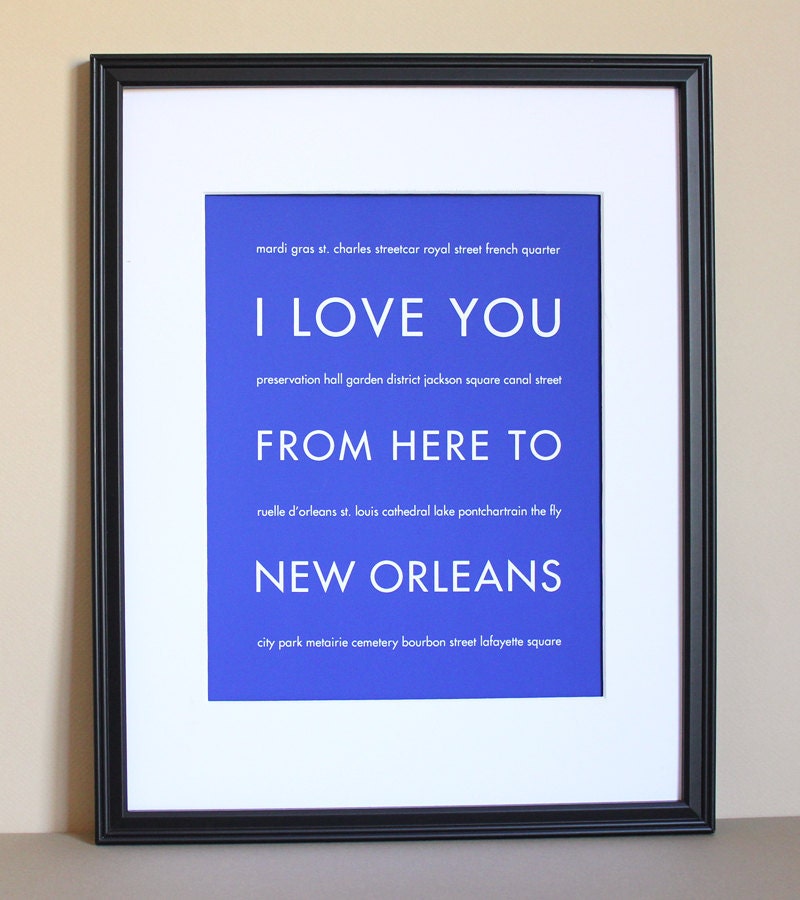 New Orleans Travel Wall Decor, I Love You From Here To NEW ORLEANS, 8x10, Choose Your Color, Unframed