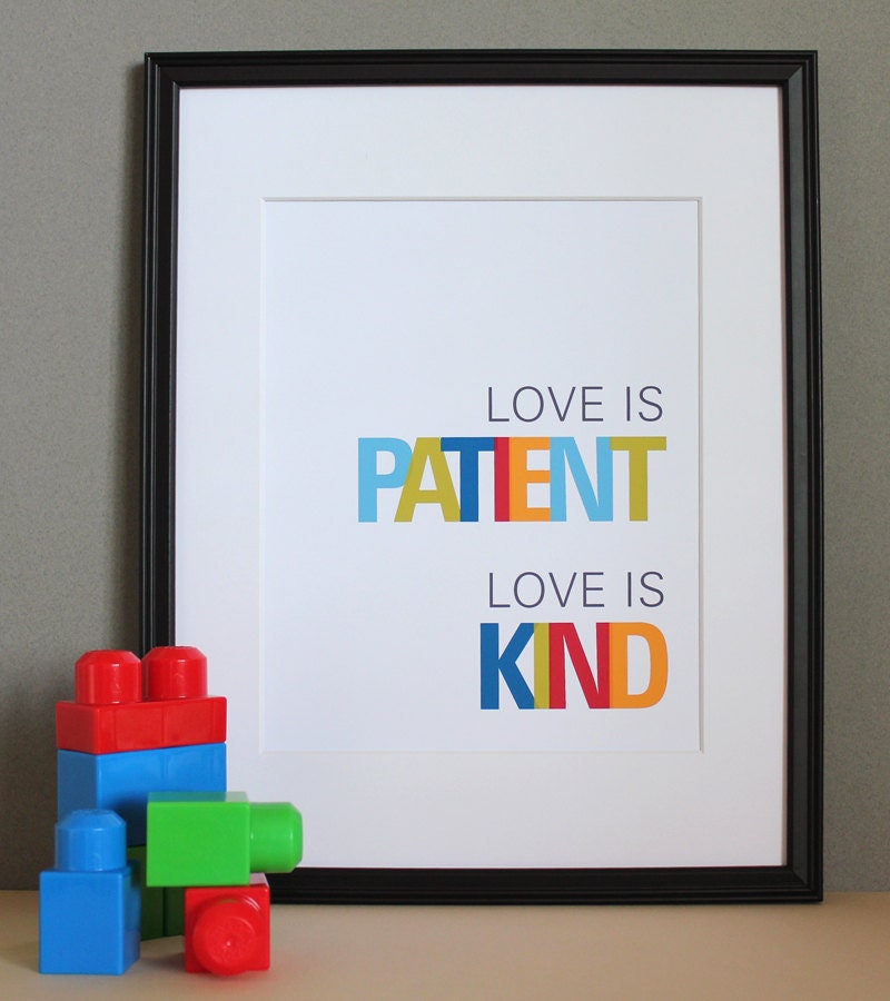 Christian Art Typography, Love is Patient, Love is Kind, 8x10, Unframed