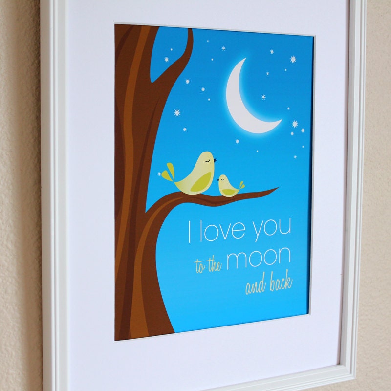 I Love You to the Moon and Back with Green Birds Art Print, 8x10, Unframed