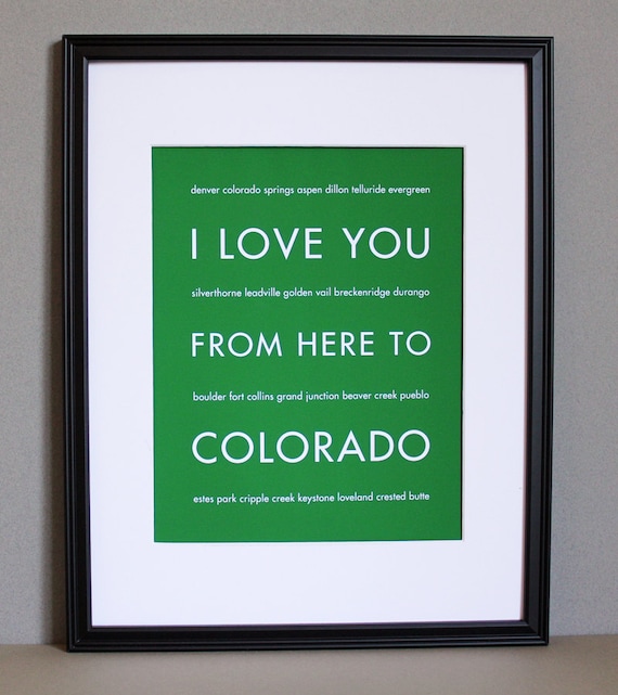 Colorado Typography Poster, I Love You From Here To COLORADO, 8x10, Custom Color, Unframed, Fathers Day SALE