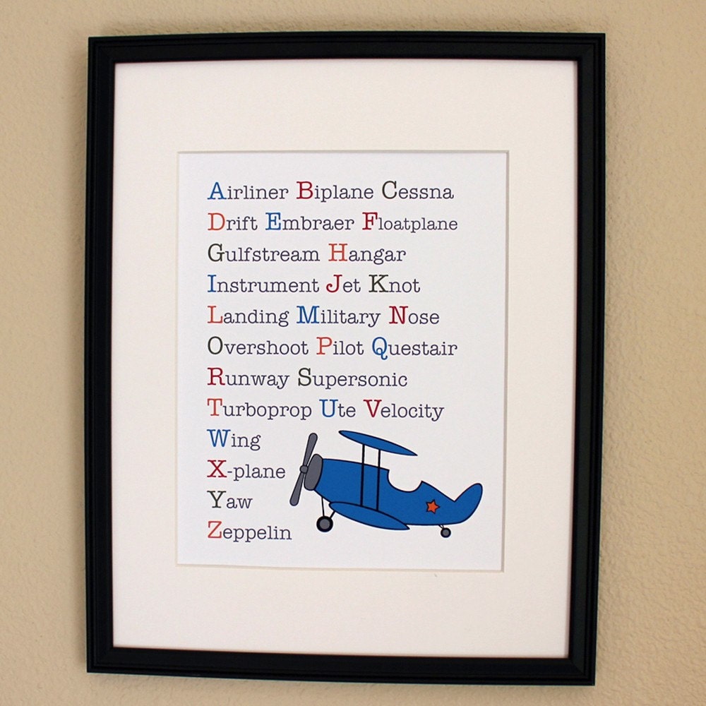 Airplane Alphabet Nursery Decor, 8x10, Unframed
