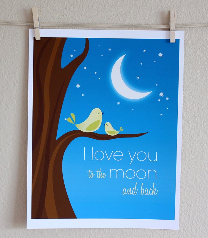 I Love You to the Moon and Back with Green Birds Art Print, 8x10, Unframed