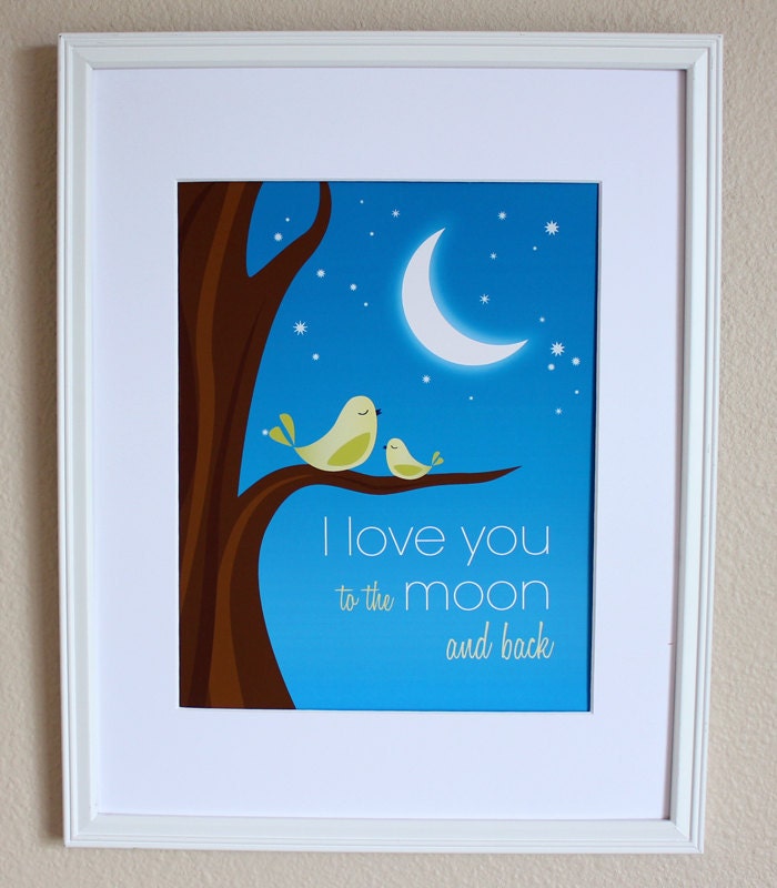 I Love You to the Moon and Back with Green Birds Art Print, 8x10, Unframed
