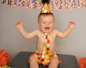 Baby Boy / Toddler Party Hat,  Necktie & Diaper Cover in Burnt Orange Autumn Argyle