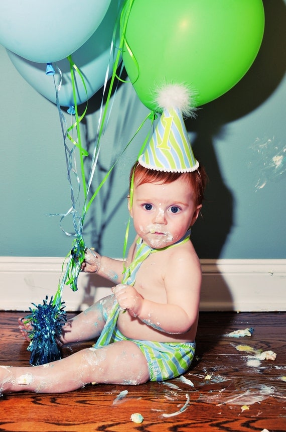 Baby Boy / Toddler First Birthday Cake Smash Diaper Cover Tie and Party Hat Outfit in Aqua and Lime Green Squiggle Stripes