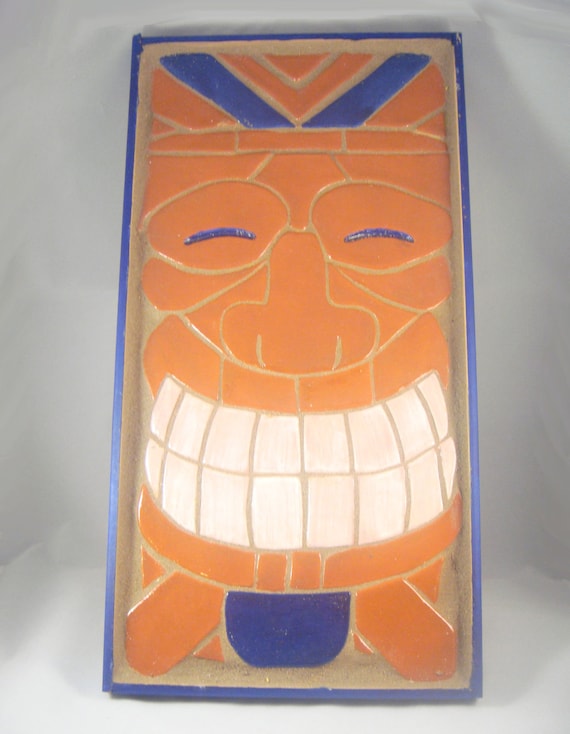 Medium Ceramic Polynesian Blue Tiki Mosaic Hawaii Decor Pottery