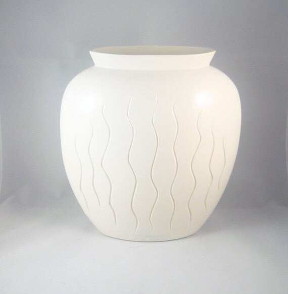 Large White Wavy Line Oval Ceramic Pottery Vase by LotsaPotsa