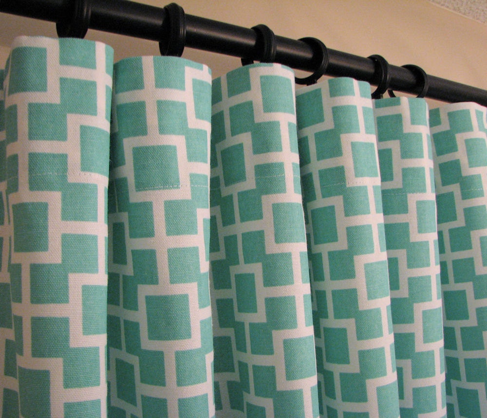 New -Pair of Decorative Designer Custom Curtains Drapes 50 x 108  Square Lattice in Aqua and White Contemporary Modern Style