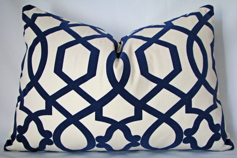 Designer Decorative Pillow Cover Lattice in Navy on Cream with Velvet Detail 14x20 inch Lumbar Removeable Cover Contemporary Modern